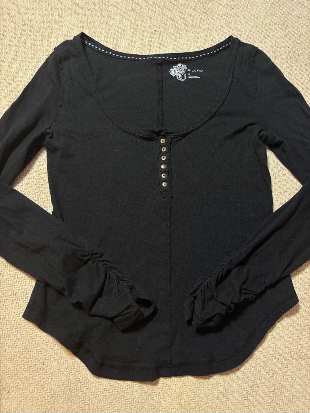 Pilcro Black Long Sleeve Henley Tee with Button Front